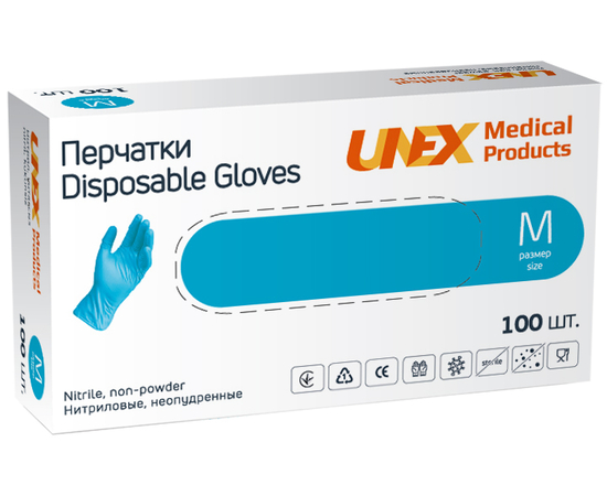Перчатки нитриловые UNEX Medical, неопудренные, диагностические, синие, размер M, 100 шт. (50 пар)