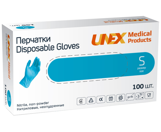 Перчатки нитриловые UNEX Medical, неопудренные, диагностические, синие, размер S, 100 шт. (50 пар)