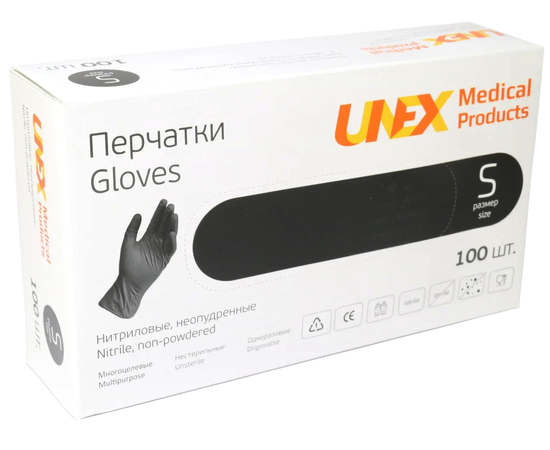 Перчатки нитриловые UNEX Medical, неопудренные, диагностические, черные, размер S, 100 шт. (50 пар)