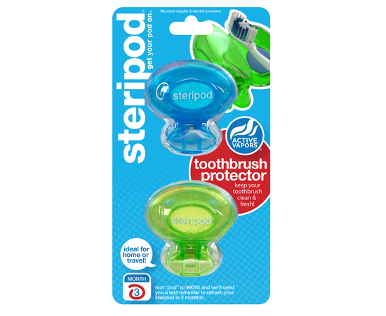 УЦЕНКА! Steripod Антибактериальный чехол для зубной щетки, зеленая зависть + тихоокеанский синий (в упаковке 2 шт.) (Zip lock упаковка)