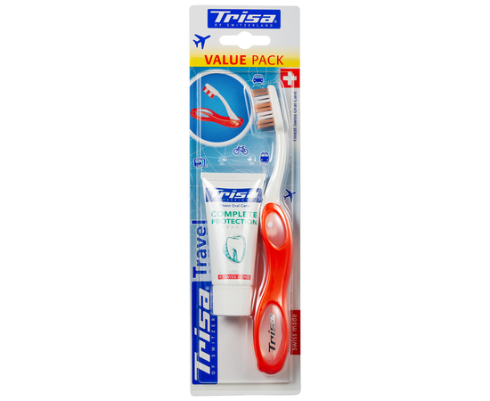 TRISA Travel Зубна щітка, м'яка/середньої жорсткості + безкоштовно TRISA Повний захист Зубна паста, 15 мл, зображення 3