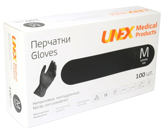 Перчатки нитриловые UNEX Medical, неопудренные, диагностические, черные, размер M, 100 шт. (50 пар)