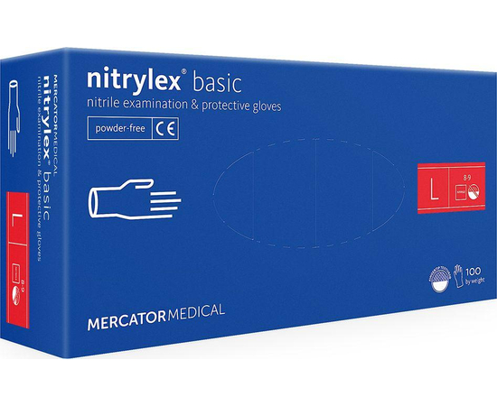 Перчатки нитриловые NITRYLEX Basic, неопудренные, диагностические, синие, размер L, 100 шт. (50 пар)