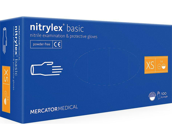 Перчатки нитриловые NITRYLEX Basic, неопудренные, диагностические, синие, размер XS, 100 шт. (50 пар)